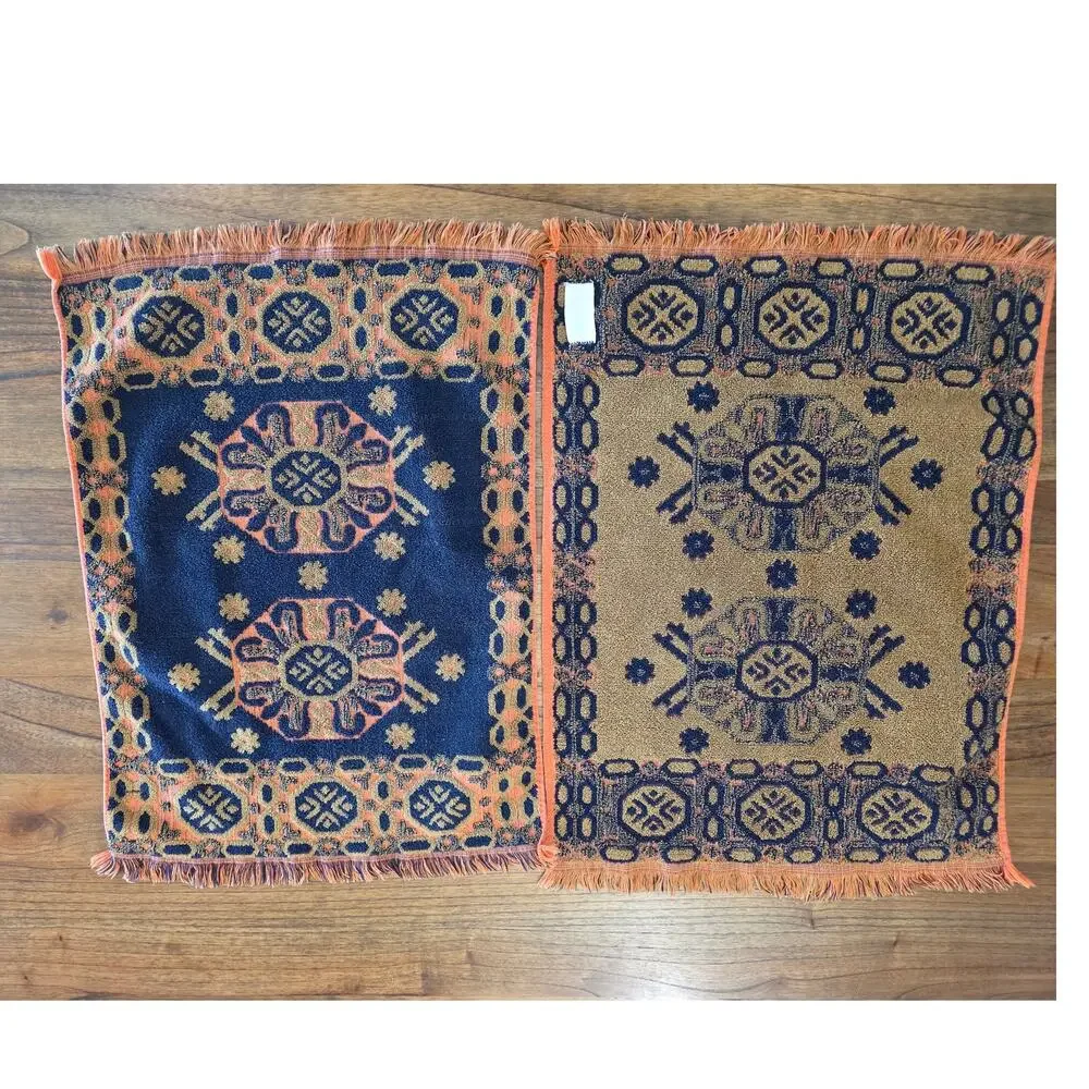 VTG MCM Fringed Jacquard Geometric Orange Avocado 70s Cotton Terry Hand Towels